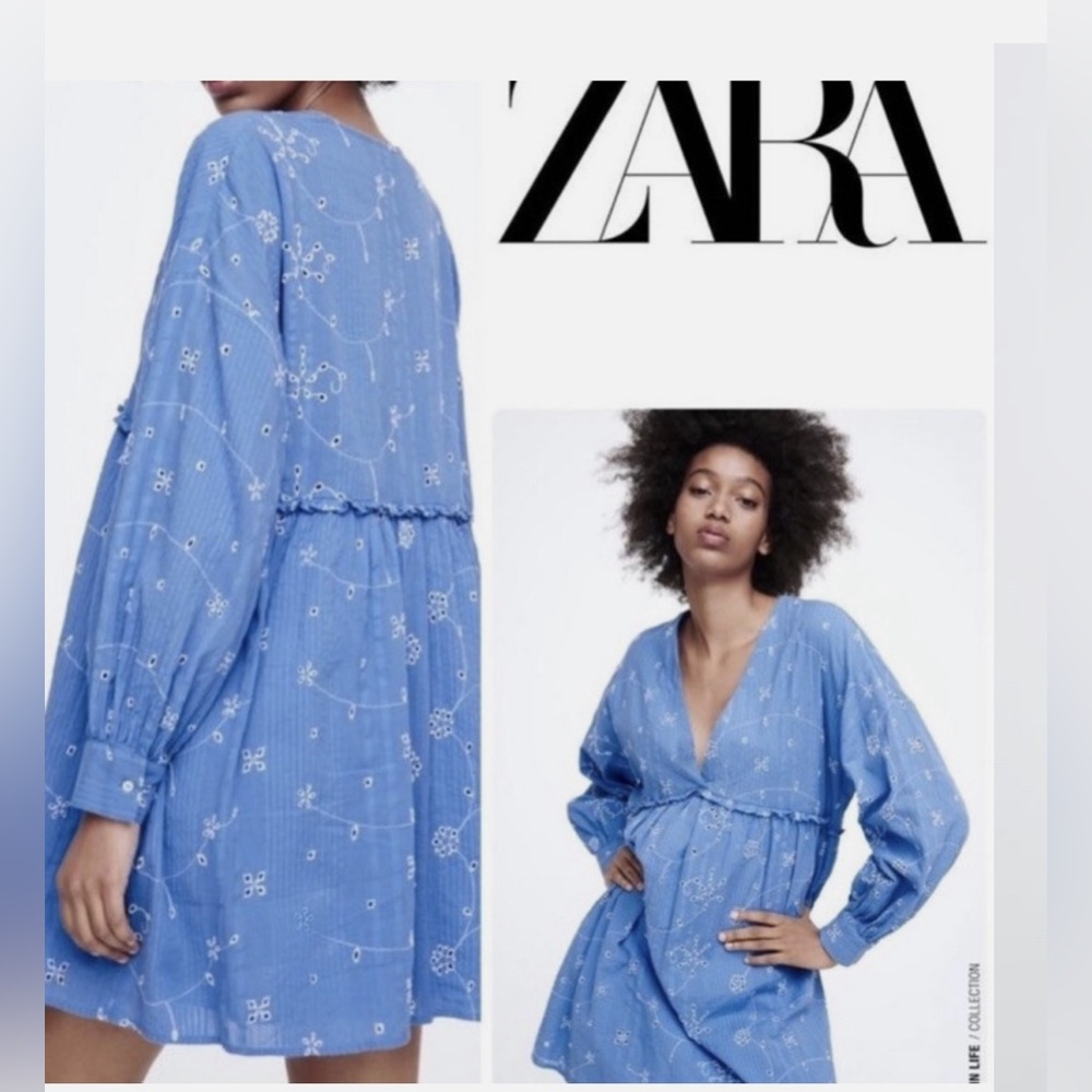 Zara Embroidered Blue Floral Oversized Mini Dress - Size Medium
